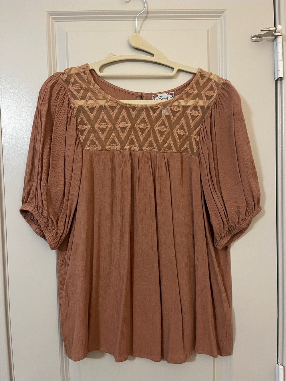 Studio West Embroidered Yoke Puff-Sleeve Top - Rust Brown